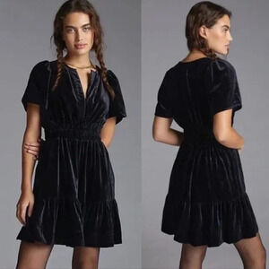 Maeve Anthropologie Somerset Mini Black Velvet Tiered ALine Dress Size Medium